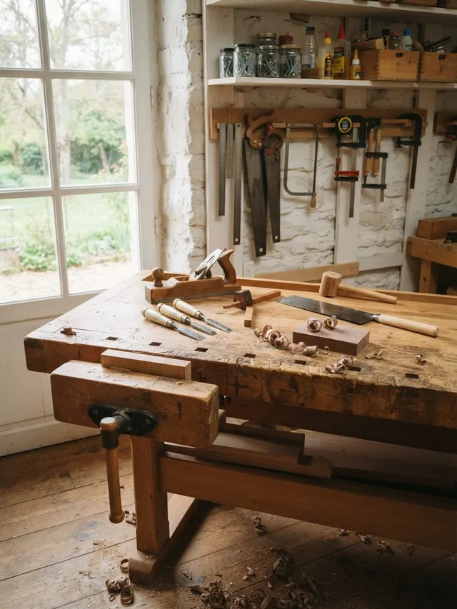 Établi en bois avec rabot, ciseaux à bois et maillet dans un atelier