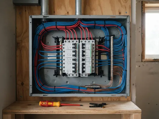 Tableau électrique ouvert en cours de câblage, fils peignés