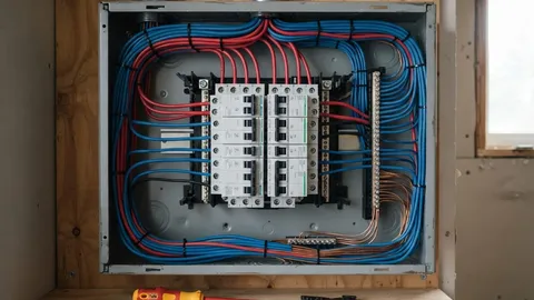 Tableau électrique ouvert en cours de câblage, fils peignés