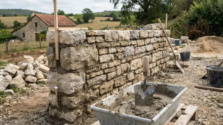 Mur en pierre calcaire en cours de montage, truelle dans le mortier