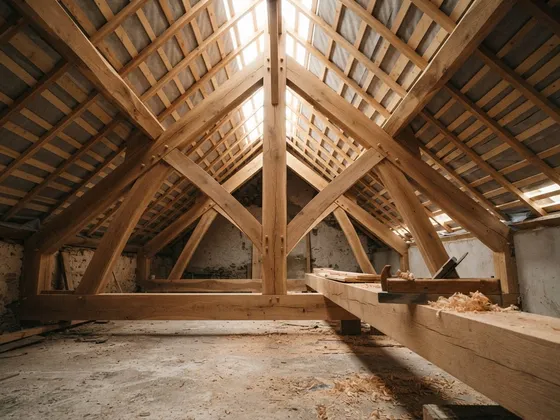 Charpente en chêne neuve vue de l’intérieur, rabot posé sur une poutre