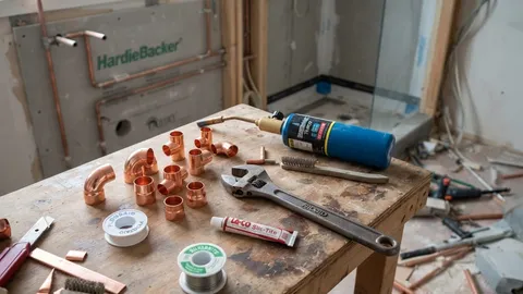 Raccords en cuivre, clé à molette et chalumeau sur un établi